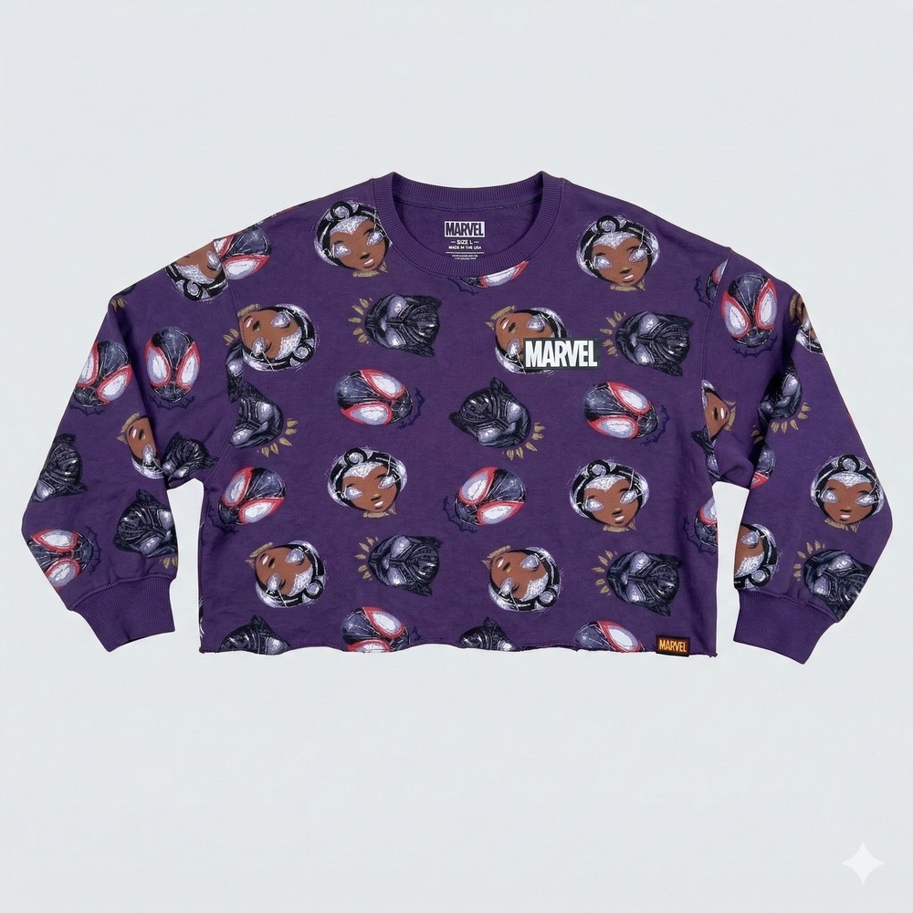 Marvel Sweatshirt Womens XL Purple Black Panther Spiderman Oversize Crop Good